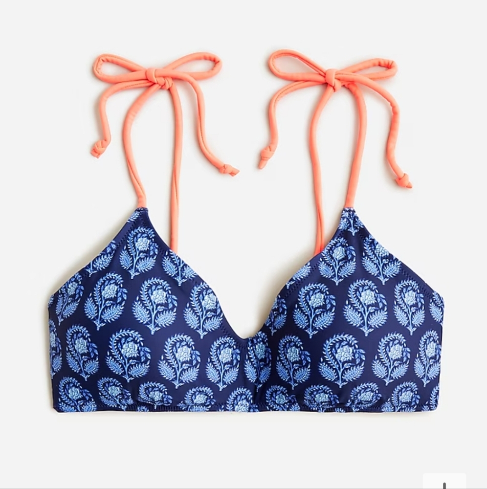 Tie-shoulder french bikini top in navy bouquet block print